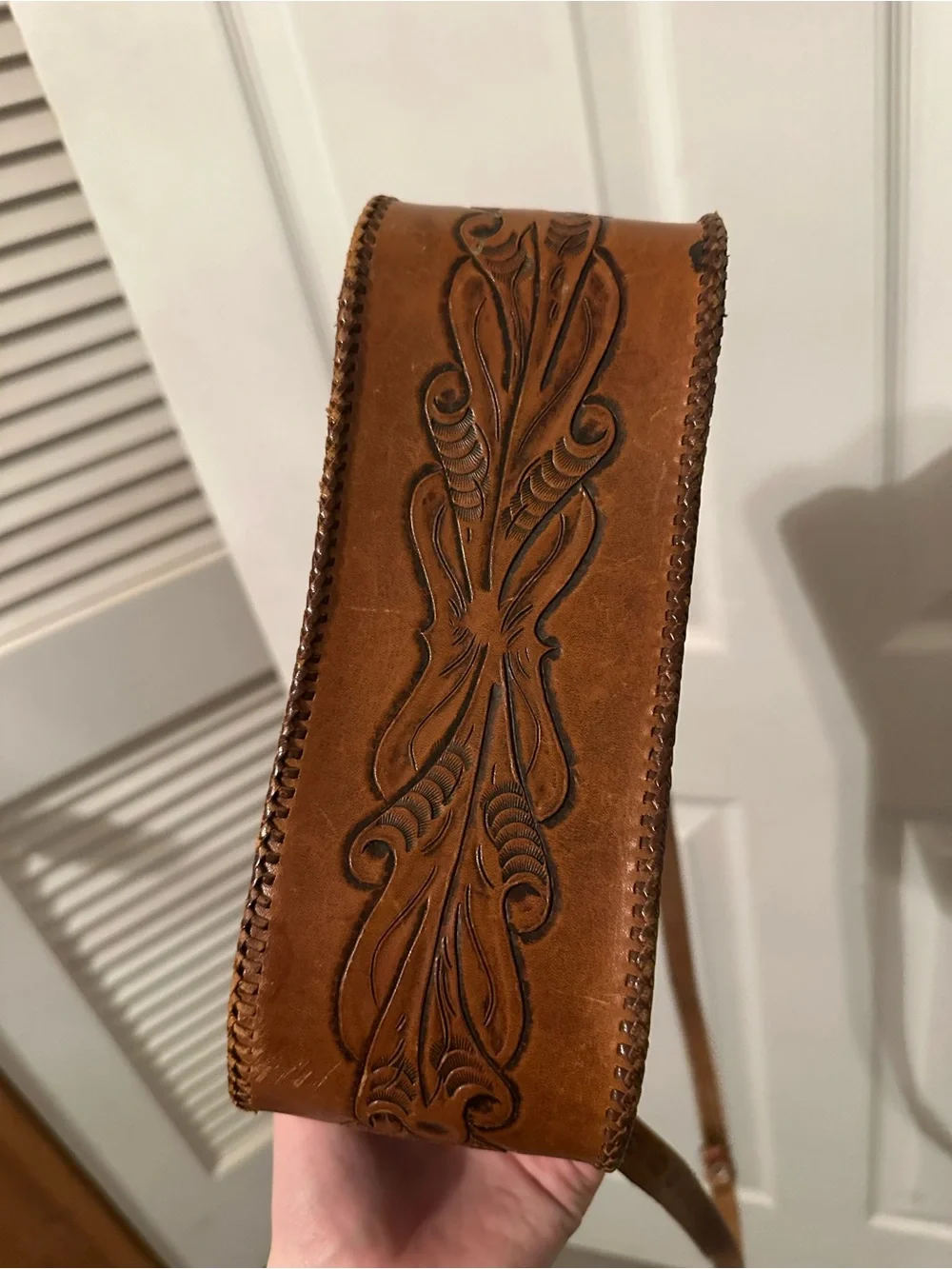 Vintage Hand-Tooled Brown Leather Crossbody Bag